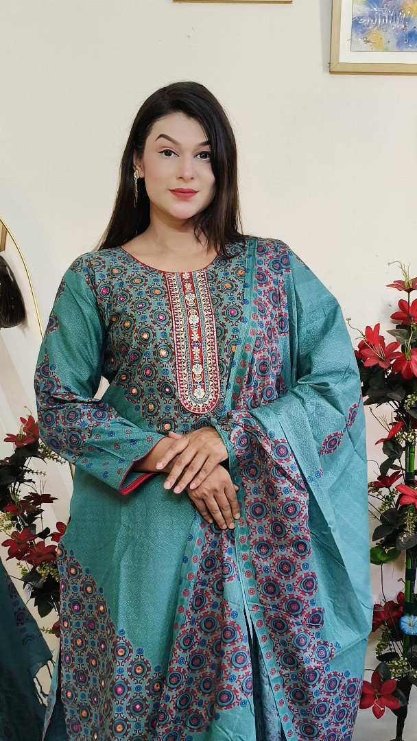 স্ল্যাব কটন থ্রি পিস, প্রিমিয়াম থ্রি পিস, টেবিল প্রিন্ট থ্রি পিস, কম্পিউটার এমব্রয়ডারি, মেয়েদের থ্রি পিস, থ্রি পিস কালেকশন, কটন থ্রি পিস, ladies three piece, premium three piece, slab cotton three piece, table print three piece, computer embroidery three piece, ladies fashion, MBR BD