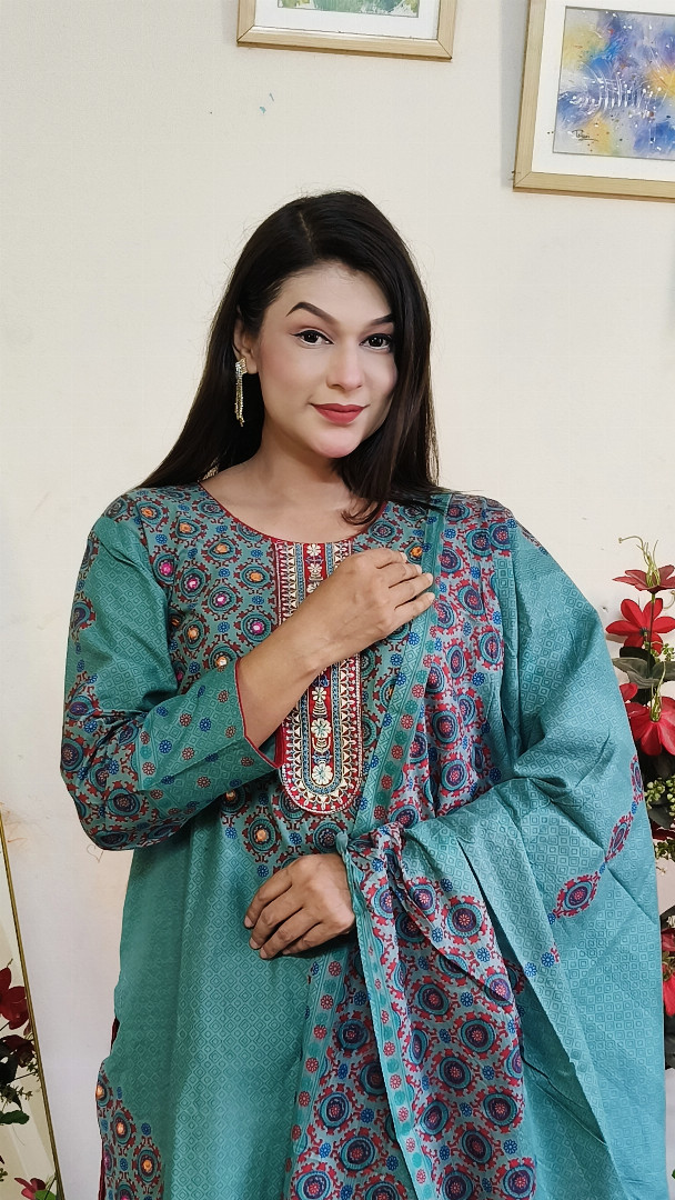 স্ল্যাব কটন থ্রি পিস, প্রিমিয়াম থ্রি পিস, টেবিল প্রিন্ট থ্রি পিস, কম্পিউটার এমব্রয়ডারি, মেয়েদের থ্রি পিস, থ্রি পিস কালেকশন, কটন থ্রি পিস, ladies three piece, premium three piece, slab cotton three piece, table print three piece, computer embroidery three piece, ladies fashion, MBR BD